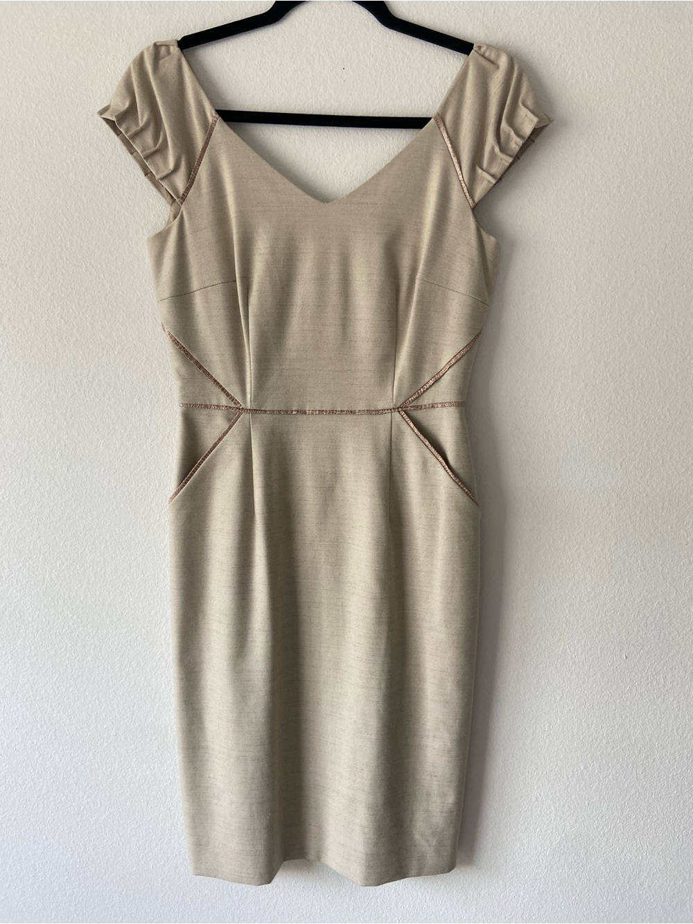 ANTONIO MELANI Beige Linen Blend Sheath Dress Ruched Cap Sleeve Dress Size 2